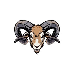 sheep's head with curved horns, created by ai generated