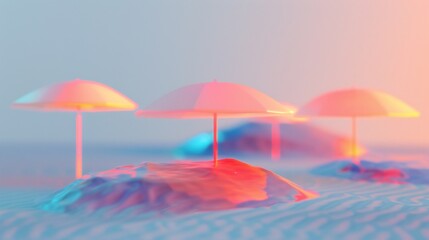 Colorful 3D minimal beach scene with vibrant umbrellas and geometric waves under a sunny sky.