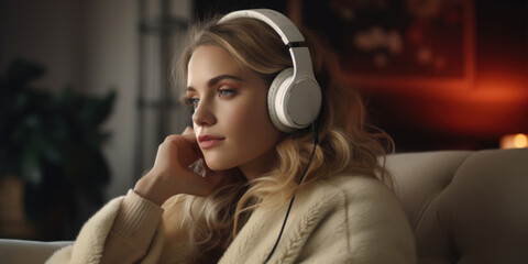 A woman sits on a couch wearing headphones, focused on her music