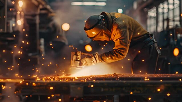 A dynamic scene of a worker grinding metal in a foundry