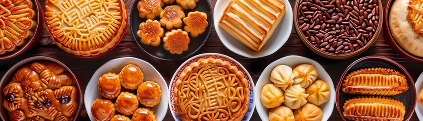Top view collage of traditional Chinese desserts, such as mooncakes, egg tarts, and red bean buns, arranged in an attractive display