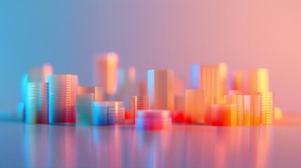 Obraz premium Colorful 3D minimal landscape of a futuristic city with bold, geometric buildings and a pink sunset.