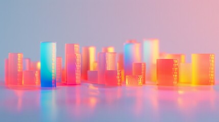 Obraz premium Colorful 3D minimal landscape of a futuristic cityscape with geometric buildings and neon lights.
