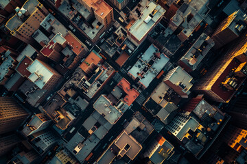 Top-down aerial view of urban rooftops, emphasizing the repetitive patterns and varying shapes of the buildings. Use a muted color palette to highlight the simplicity and structure of the cityscape. 