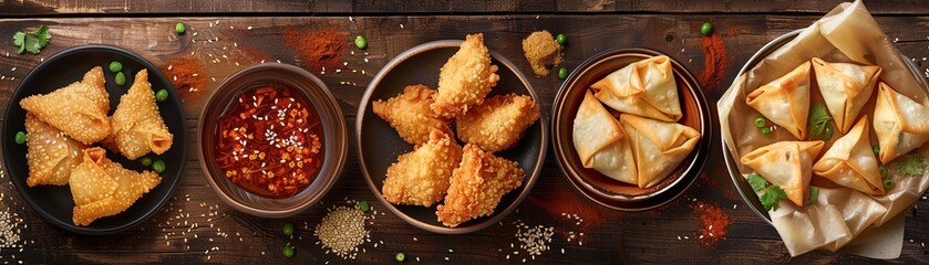 Top view collage of various Chinese fried dishes, including fried wontons, egg rolls, and sesame chicken, with dipping sauces