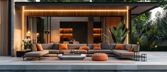 Fototapeta premium Luxury outdoor patio with neon accents and minimalistic furniture