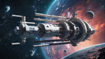 Capturing the grandeur of a futuristic space station set against the backdrop of a cosmic journey through the stars, Generative AI