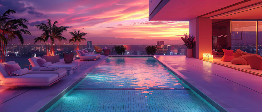 Luxury rooftop pool with neon ambient lighting and minimalistic design
