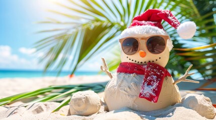 Sunny beach scene with sandy snowman in santa hat and sunglasses, perfect for summer vacation themes