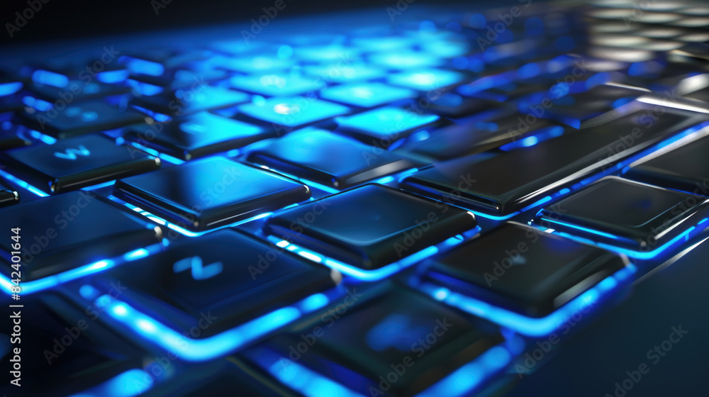 Poster a detailed view of a computer keyboard with blue lights, suitable for use in technology-related cont