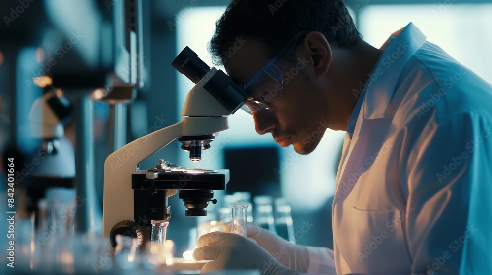 Poster researcher using a microscope in a lab to study samples, exemplifying scientific investigation