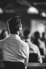 A person speaking to a group of people, possibly a public speaker or leader