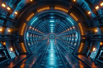 Fototapeta premium Highly Guarded Entrance to Covert Space-Based Research Facility with Advanced Security and Bustling Scientific Activities