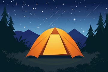 Nighttime camping with tent illuminated under starry sky