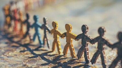 Obraz premium Group of small figurines holding hands in a straight line, suitable for illustrations and designs requiring playfulness and unity