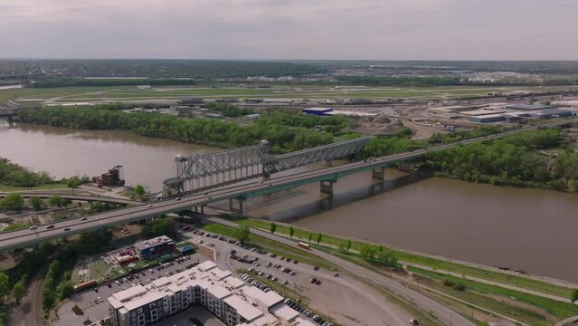 ASB Bridge in North kansas city with a stunning aerial view of Missouri river, showcasing urban, transportation, and architectural themes