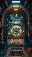 Fototapeta premium Fortified Access Point to a Top-Secret Space-Based Research Complex with Armored Blast Doors and Holographic Control Panels