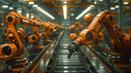 A series of orange robotic arms are actively engaged in a high-tech production line