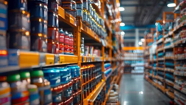 Shelves stocked with various tools and supplies line a well-organized aisle in a brightly lit hardware store