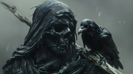 Fototapeta premium Ominous Reaper with Crow Perched on Shoulder,Holding Worn Scythe in Blurred,High Contrast Setting