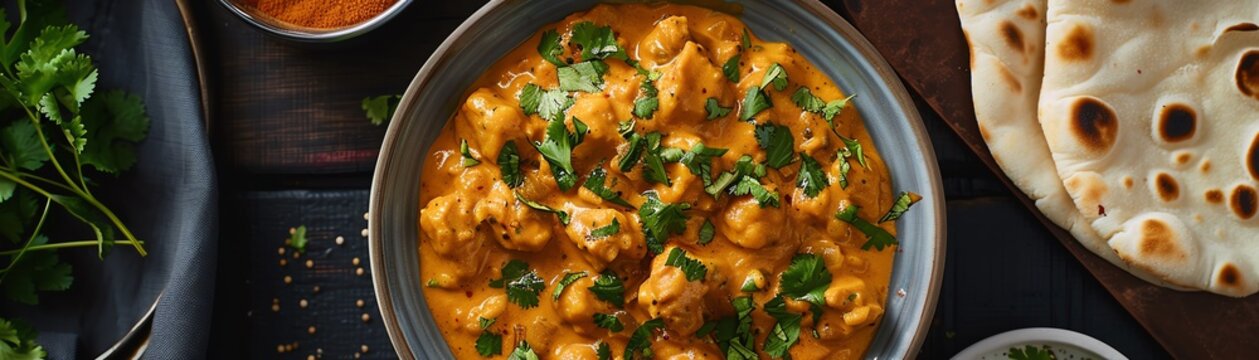 Top view of a bowl of rich, creamy korma curry with chunks of chicken, garnished with fresh cilantro and served with naan