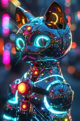 Retrofuturistic Feline with Luminescent Bioluminescent Markings and Modular Chrome Exoskeleton in Vibrant Neo-Pop Art Digital Painting