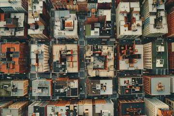 Fototapeta premium Top-down aerial view of urban rooftops, emphasizing the repetitive patterns and varying shapes of the buildings. Use a muted color palette to highlight the simplicity and structure of the cityscape. 