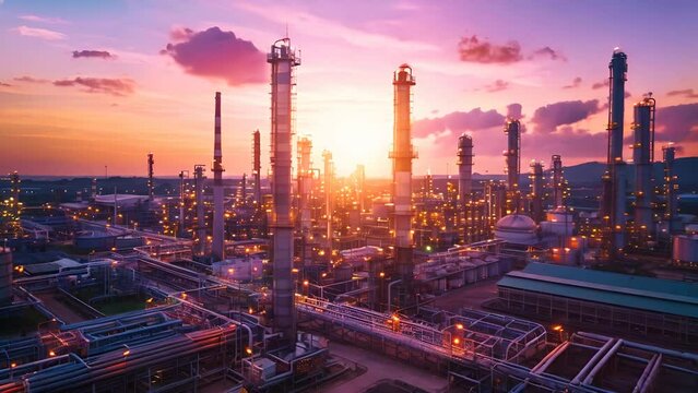 A vast industrial refinery complex highlighted by the vibrant colors of the setting sun