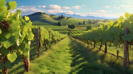 Fototapeta premium A verdant meadow including rows of vines for picking. ripe grapes used to make high-quality wines. AI generative.