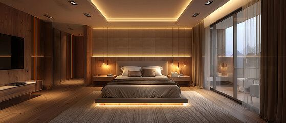 Minimalist bedroom with luxury finishes and soft lighting