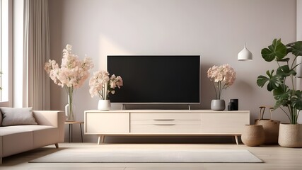 living room interior mockup. TV cabinet or place item in contemporary living room with table, light, flower, and plant. Generative AI.