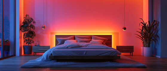 Minimalist bedroom with neon accent wall and luxury decor