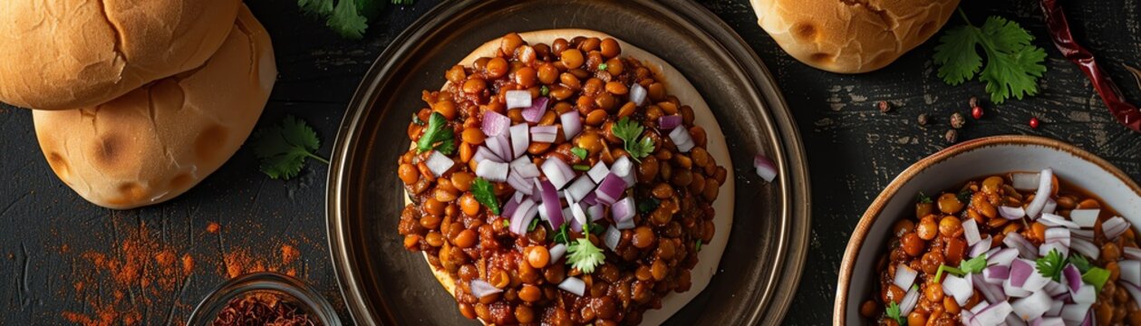 Top view of a plate of misal pav, featuring spicy sprouted lentils served with buns, garnished with chopped onions and cilantro