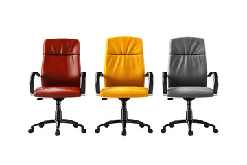 Obraz premium Modern office chairs, red yellow and gray leather swivel task seating, ergonomic workplace furniture trio PNG isolated on Transparent Background
