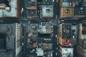 Top-down aerial view of urban rooftops, emphasizing the repetitive patterns and varying shapes of the buildings. Use a muted color palette to highlight the simplicity and structure of the cityscape. 