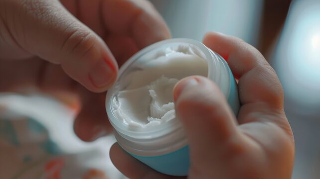 Close-up of a hand applying diaper rash cream from a small jar, focusing on the preventive care and gentle touch.