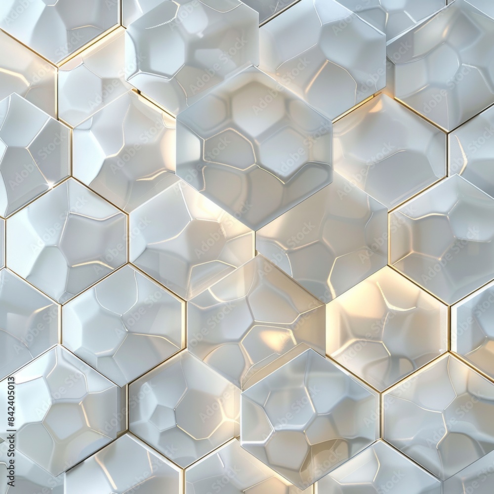 Poster sophisticated geometric patterns with interconnected hexagons, illuminated by soft white light, digi