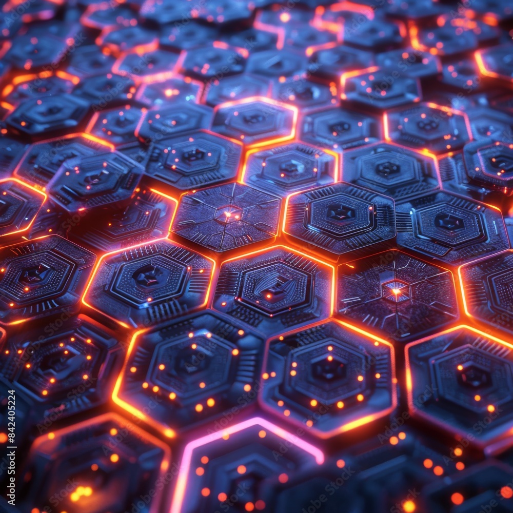 Aufkleber interconnected hexagons forming a complex digital network, glowing neon lines, futuristic and high-t