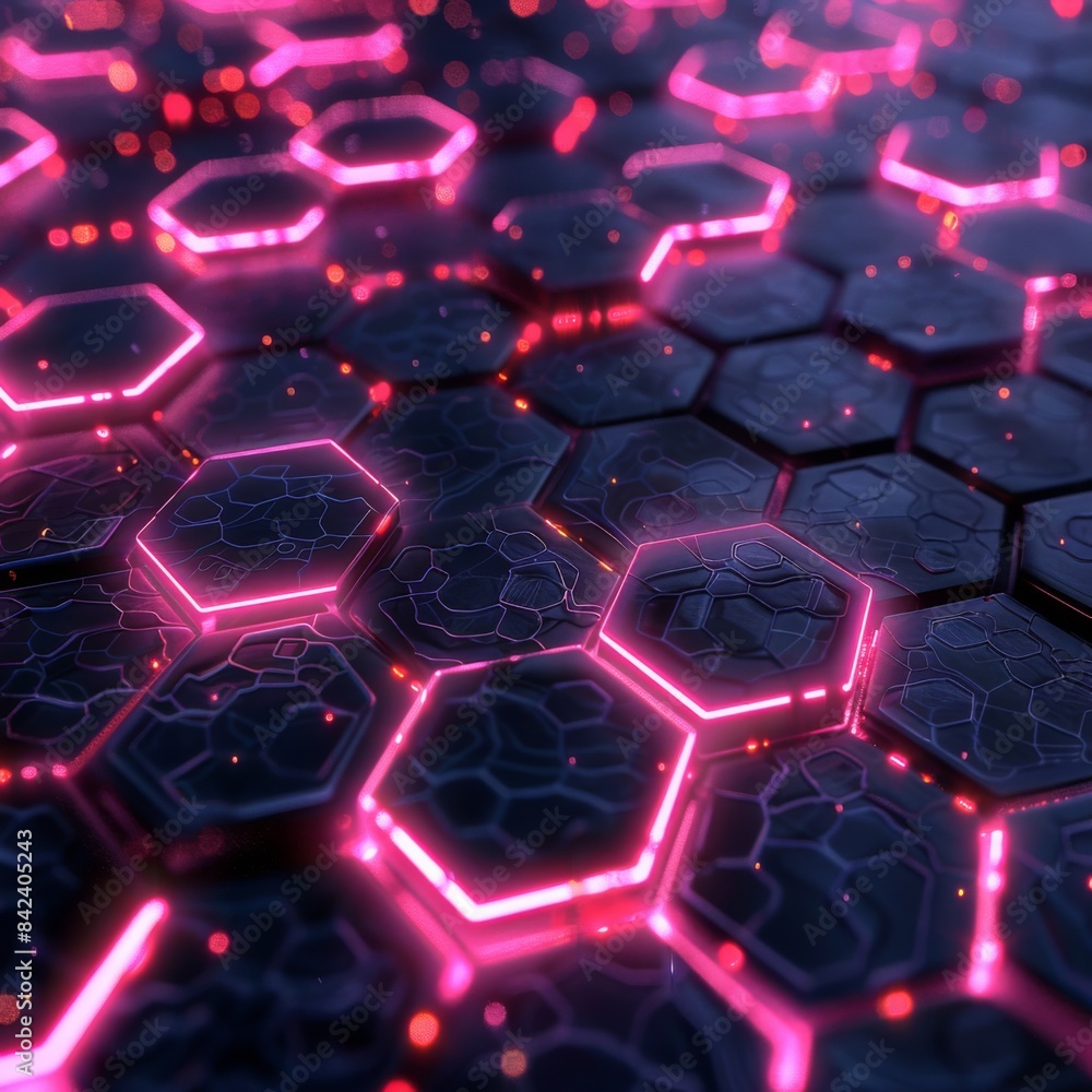Poster interconnected hexagons forming a complex digital network, glowing neon lines, futuristic and high-t