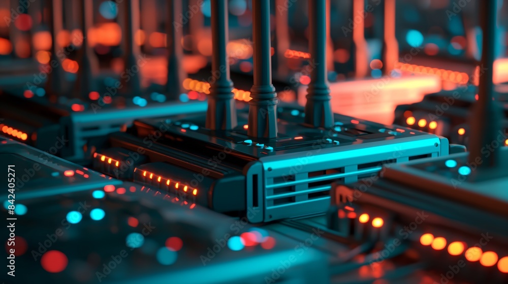 Poster a 3d render of a futuristic circuit board with glowing elements, symbolizing technology and electron