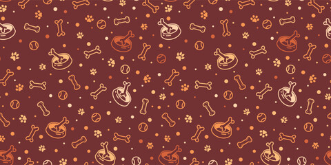 Dog Bone vector dog paw doodle dog food bowl Seamless pattern isolated dark brown wallpaper background