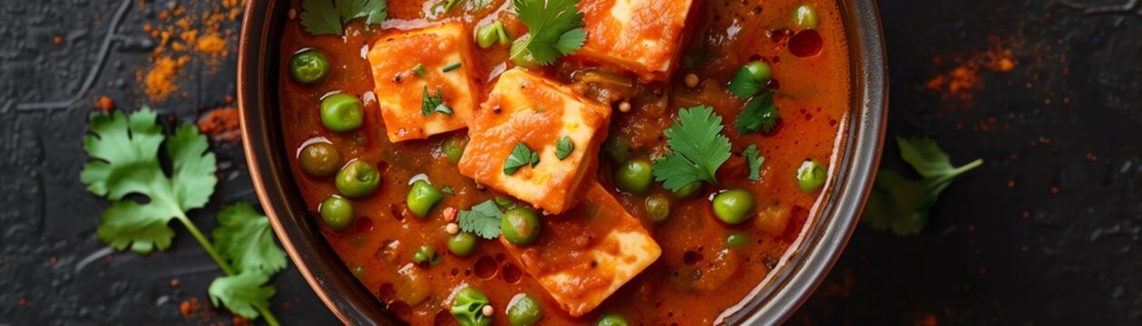 Top view of a serving of matar paneer, featuring peas and paneer in a spiced tomato gravy, garnished with fresh cilantro