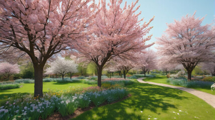 Naklejka premium Spring's Gentle Touch: Experiencing the serene embrace of the spring breeze as it softly rustles through budding trees and blooming gardens, Generative AI