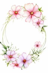 Fototapeta premium cosmos themed frame or border for photos . delicate pink and white flowers. watercolor illustration, white color background.