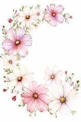 cosmos themed frame or border for photos . delicate pink and white flowers. watercolor illustration,  white color background.