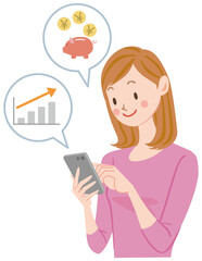 スマホを操作する女性のイラスト　投資