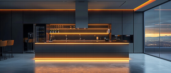 Minimalist kitchen with neon accents and highend appliances