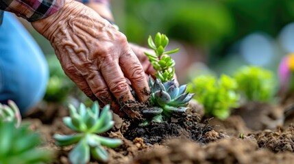 A person carefully placing a plant in the ground