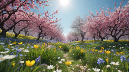 Fototapeta premium The Essence of Spring: Immersing in the fresh and invigorating spring breeze that heralds the arrival of new growth and vibrant life, Generative AI