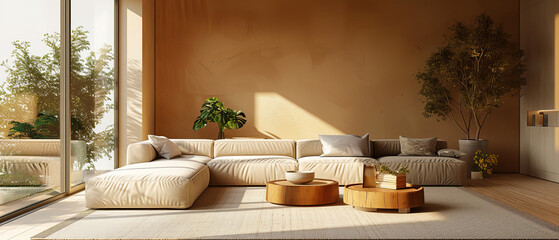 Minimalist living room featuring solid caramel wall and sleek furniture, sharp detail
